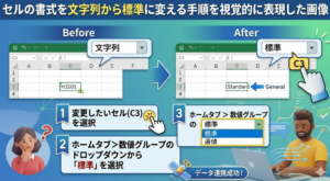 セルの書式を文字列から標準に変える手順を視覚的に表現した画像