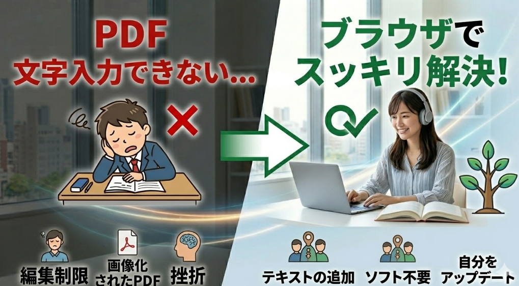 左側に「入力できなくて焦る」という悩みを、右側に「ブラウザでスッキリ解決する」という喜びを対比