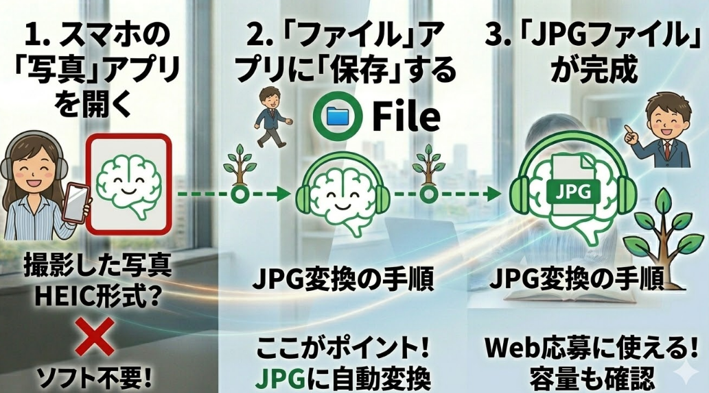 「iPhoneなどのスマホ写真をJPG形式に変換する手順（16:9）」の図解画像