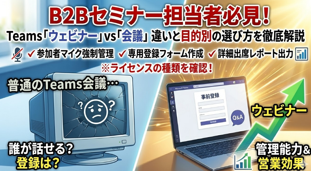 Teamsの「ウェビナー」と「会議」の違いを比較し、B2Bセミナー担当者向けに最適な選び方を解説するイメージ画像