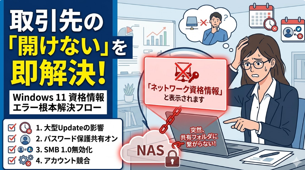 Windows 11で共有フォルダにアクセスできないトラブルを解決するためのアイキャッチ画像。「ネットワーク資格情報」エラーが出る原因と、資格情報マネージャーを使った直し方の手順を解説している。