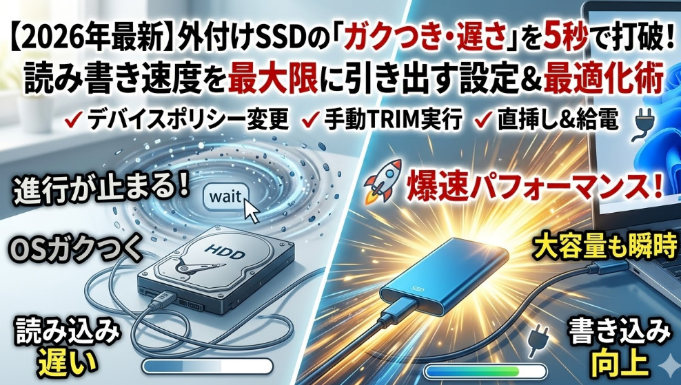 2026年最新】外付けSSDの「ガクつき・遅さ」を解消し、読み書き速度を最大化する設定と最適化術のイメージ画像"