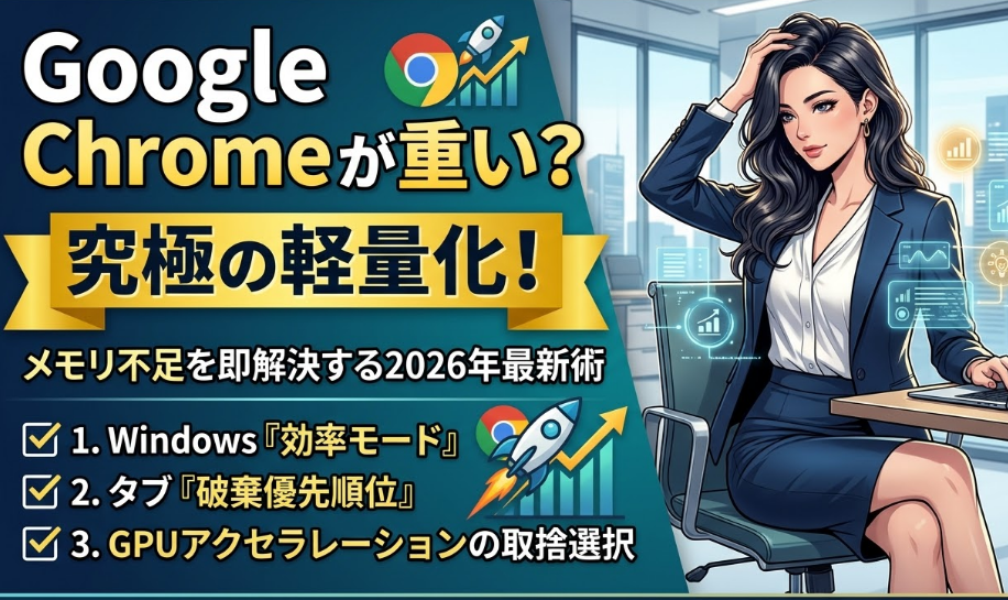 Google Chromeの動作を劇的に軽くする裏技を解説するサムネイル。タイトなビジネススーツを着た魅力的な女性が、快適なブラウジングを象徴するように優雅にPCを扱う姿が描かれている。2026年最新の軽量化設定3選がテキストで強調されている。