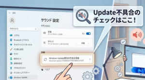 Windowsの設定画面で「Windows Update 既知の不具合情報」の項目を指さして強調しているイラスト。音が出ないトラブルがUpdateによる不具合かどうかをチェックする手順を解説しており、「Update不具合のチェックはここ！」という注釈が入っている。