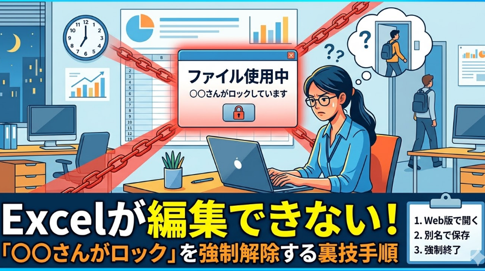Excelの「〇〇さんがロックしています」エラーを強制解除する裏技を解説する記事のサムネイル画像。困った表情の女性と、ロックされたファイル、解決手順のリストがデザインされている。