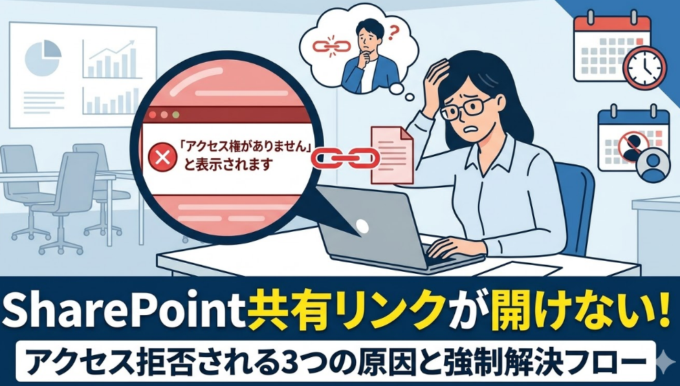 SharePointで「アクセス権がありません」と表示され、共有リンクが開けないトラブルの解決法を解説するアイキャッチ画像。困っているビジネスパーソンと、解決フローを促すテキストがデザインされている。