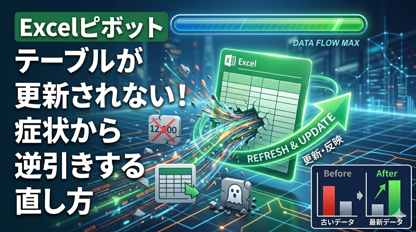 Excelピボットテーブルが更新されない原因と解決策をイメージしたアイキャッチ画像。不具合のアイコンをデータ流が吹き飛ばし、古いデータ（赤）から最新データ（緑）へ切り替わる様子を描写。「症状から逆引きする直し方」の文字入り。