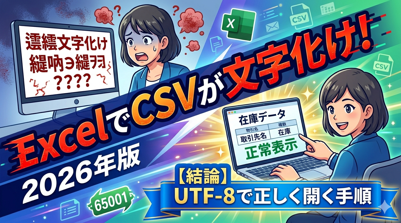 ExcelでCSVが文字化けして困っている様子と、UTF-8の設定（65001）で正しく表示された様子のビフォーアフター比較図。2026年版の正しい開き方を解説するサムネイル画像