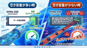 SSDの空き容量と書き込み速度の関係を解説する図解。空き容量が多い時は高速な『SLCキャッシュ領域』が機能するが、空き容量が10%を切るとその領域が消失し、速度が激落ちする仕組み。