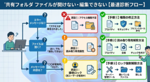 共有フォルダのファイルが開けない・編集できない原因を「アクセス拒否」「保存できない」「使用中ロック」の症状別に切り分ける最速診断フロー図