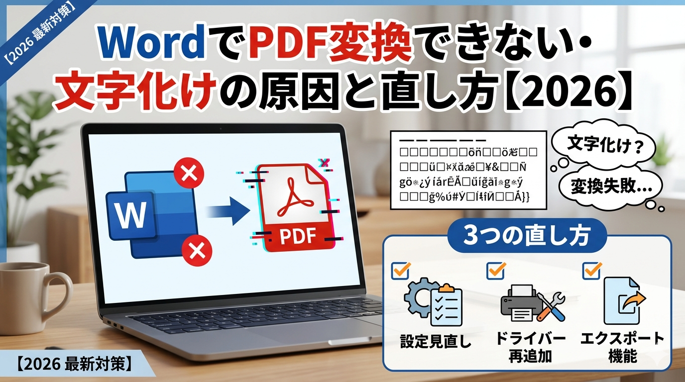 WordのPDF変換エラーや文字化けの解決策を解説するアイキャッチ画像。ノートパソコン、WordとPDFのアイコン、3つの直し方（設定見直し・ドライバー再追加・エクスポート）のイラスト。