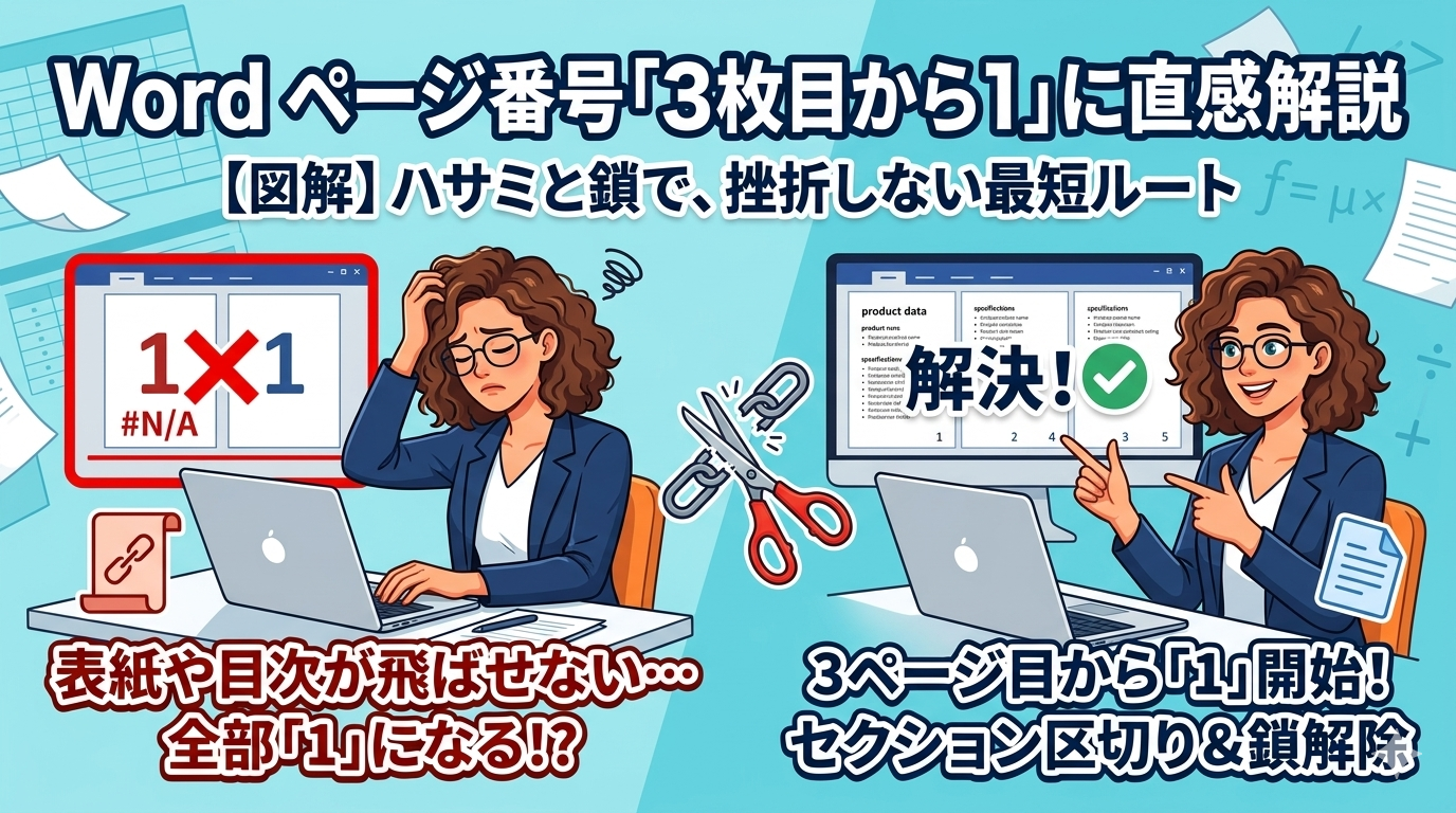 Wordのページ番号が表紙や目次に入ってしまい悩む女性と、ハサミと鎖の図解で3ページ目から「1」を開始させて解決した比較イラスト。