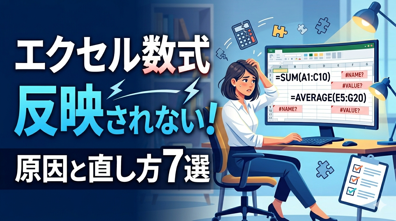 Excelの数式が反映されず、パソコンの前で困っている女性のイラスト。画面には数式やエラーが表示されており、原因と直し方の解決策をイメージしています。