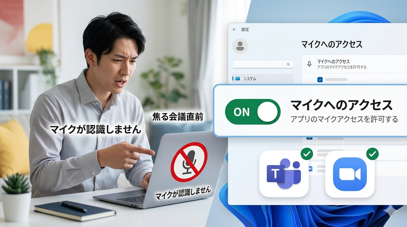 Windowsのマイク設定トラブル解決記事用サムネイル画像。左側にマイクが認識せず焦る男性と、右側にWindows 11の設定画面で「マイクへのアクセス」をONにする操作図解を配置した分割構成。
