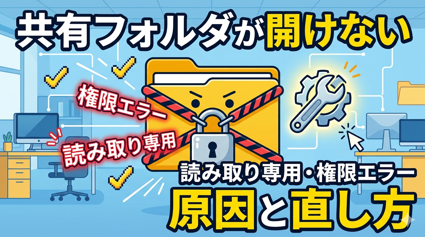 共有フォルダが開けない時の原因と直し方を解説したサムネイル。南京錠がかかったフォルダと修理用スパナのイラスト、読み取り専用・権限エラーの文字