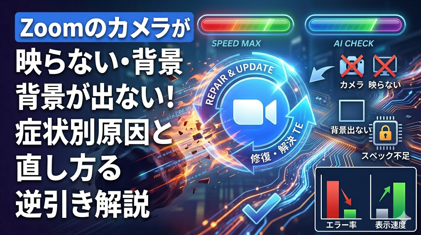 Zoomのカメラが映らない、バーチャル背景が出ないトラブルを解決するイメージのアイキャッチ画像。中央のZoomロゴを囲む「REPAIR & UPDATE（修復と解決）」の矢印が不具合を解消し、エラー率（赤）から正常な表示速度（緑）へ改善するグラフを描写。「症状別原因と直し方を逆引き解説」の文字入り。