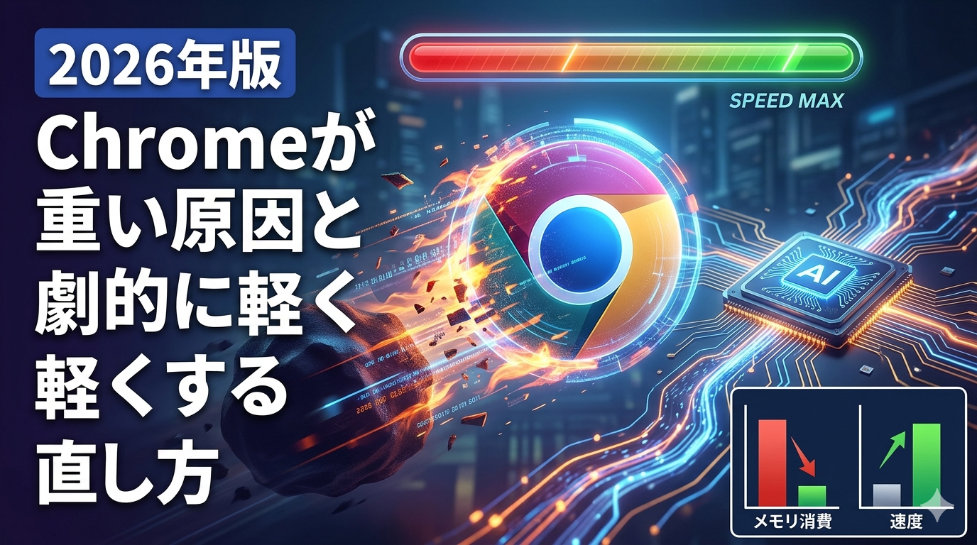 2026年版Google Chromeの高速化をイメージしたアイキャッチ画像。メモリ消費が減り、ブラウザの速度が劇的に向上する様子をサイバーパンク風のデジタルデザインで表現。