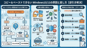 Windowsのコピペ不具合を解決する診断フローチャート。左側に症状別の分岐、中央に原因(エクスプローラー再起動・Excel仕様・RDP設定等)のイラスト、右側に解決までの5ステップの手順がまとめられた図解。
