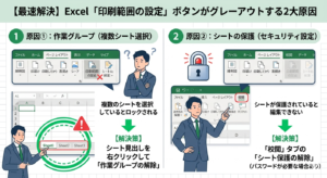 Excelで印刷範囲の設定がグレーアウトする原因である「作業グループ」と「シート保護」の状態を、それぞれの解決方法（解除手順）と比較した図解