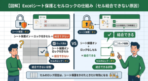 Excelでシート保護がONの状態でも、特定のセルだけロックを解除することでセル結合(グレーアウト解除)が可能になる仕組みを、結合できない状態と比較した図解