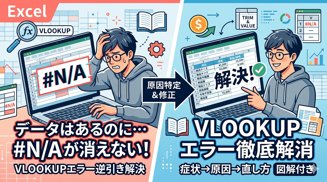 VLOOKUP関数の#N/Aエラーに悩む男性と、解決して笑顔になる対比イラスト。エラー原因の特定から修正までの流れを解説するブログ用アイキャッチ画像。