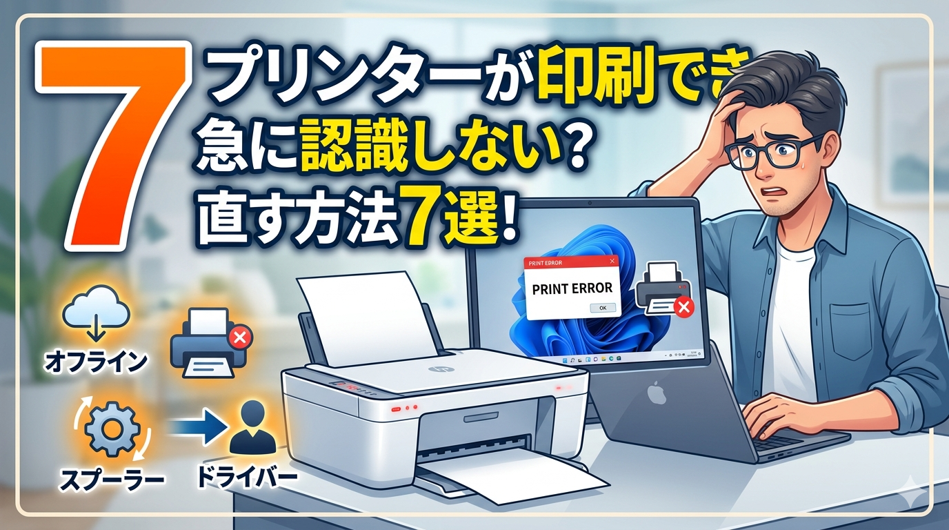 Windowsでプリンターが認識しない・印刷できない時の直し方を7つのステップで解説。「オフライン表示」「印刷スプーラーの停止」「ジョブの詰まり」など、突然動かなくなった時の原因を優先度順に網羅しました。初心者でも図解の手順通りに進めれば、最短5分でトラブルを解決し印刷を再開できます。