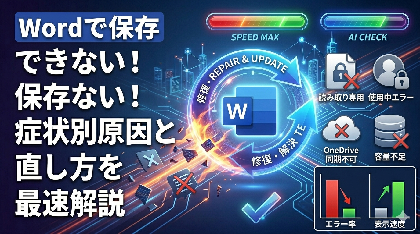 Wordでファイルが保存できない・反映されないトラブルを解決するイメージのアイキャッチ画像。中央のWordロゴを囲む「REPAIR & UPDATE（修復と解決）」の矢印が不具合を解消し、エラー率（赤）から正常な表示速度（緑）へ改善するグラフを描写。「症状別原因と直し方を最速解説」の文字入り。