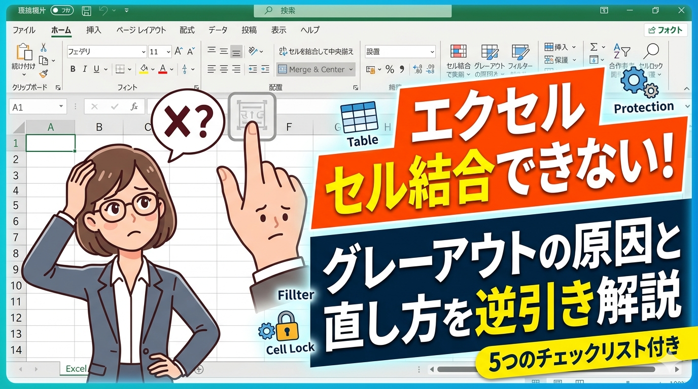 Excelでセル結合がグレーアウトしてできないトラブルの解決法を逆引き解説したサムネイル画像。 perplexedな表情の女性とグレーアウトしたボタン、そして大きく「セル結合できない！」という文字が描かれている。