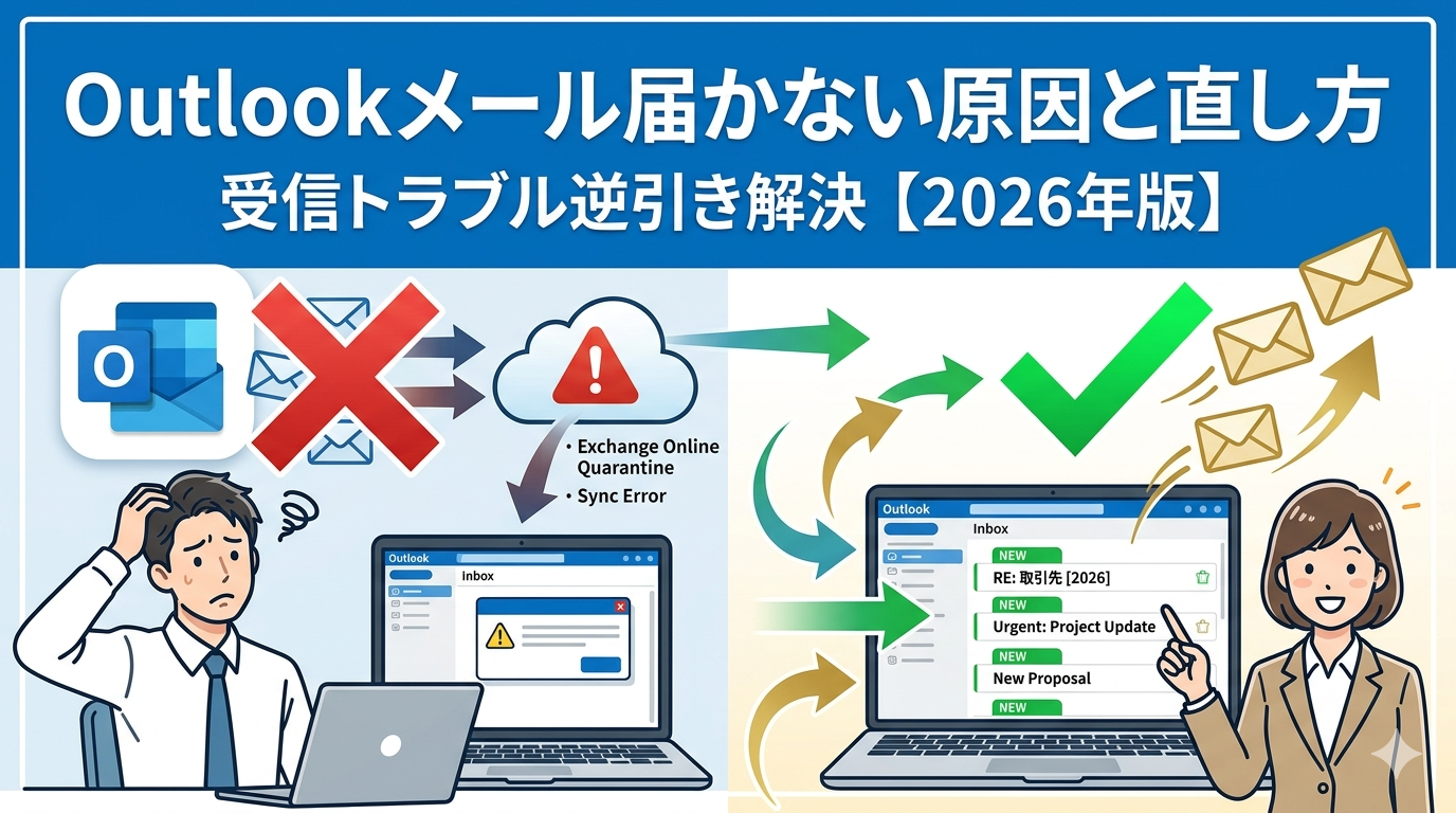Outlookメールが届かない原因と直し方の解説図。受信トラブルの困り顔と解決後の笑顔を左右で対比。