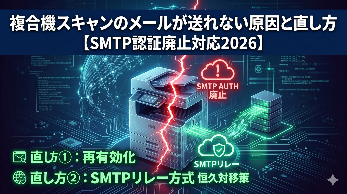 複合機スキャンのメール送信エラー解決策。2026年SMTP認証廃止への対応手順の図解。