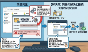 Windowsネットワーク認証エラーの原因（古い資格情報の詰まり）と資格情報マネージャーでの削除による解決手順の図解