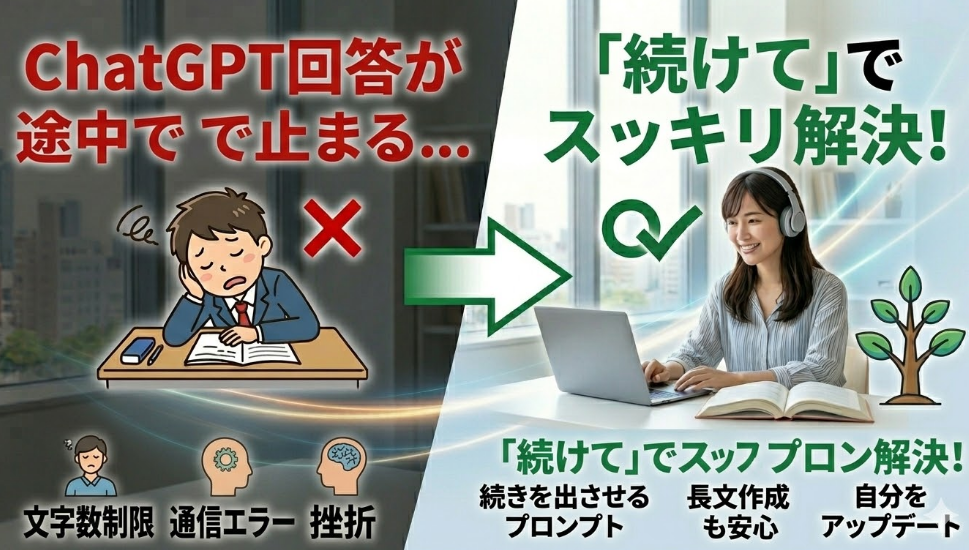 chatgdpの回答が止まって困る男性と、上手くいっている女性の画像