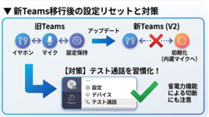 新Teamsへのアップデートで設定が初期化される仕組みの図解。旧バージョンから引き継がれず内蔵マイクにリセットされる罠と、会議前の「テスト通話」でデバイス認識を再確認する対策。