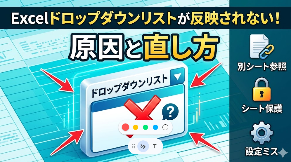 Excelドロップダウンリストが反映されない原因と直し方の解説図。症状別のチェックポイント（別シート参照、シート保護、設定ミス）がアイコンで示されている。