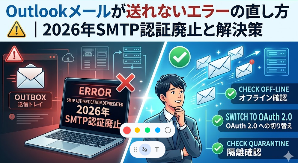 Outlookメール送信エラーの対策サムネイル画像。左側に赤色でエラーが発生しているパソコンと「2026年SMTP認証廃止」というテキスト、右側に青色で笑顔のビジネスパーソンと「オフライン確認」「OAuth 2.0への切り替え」「隔離確認」という解決策のチェックリストが描かれています。