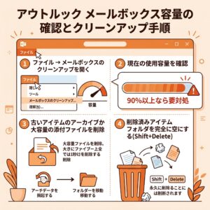 Outlookメールボックス容量確認と解決手順。ファイルからメールボックスのクリーンアップを開き使用容量を確認、90パーセント以上なら古いアイテムのアーカイブで整理し大きな添付ファイルを削除、削除済みアイテムフォルダもShift+Deleteで完全削除する4ステップの図解
