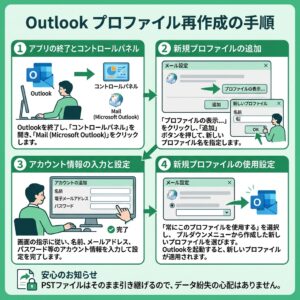 Outlookプロファイル再作成手順。Outlookを閉じてコントロールパネルのMailを開きプロファイルの表示から追加で新しいプロファイル名を入力、アカウント情報を入力して完成させ常にこのプロファイルを使用するで新プロファイルを選択してOutlookを起動する4ステップの図解。PSTファイルはそのまま引き継げるためデータ消失の心配なし