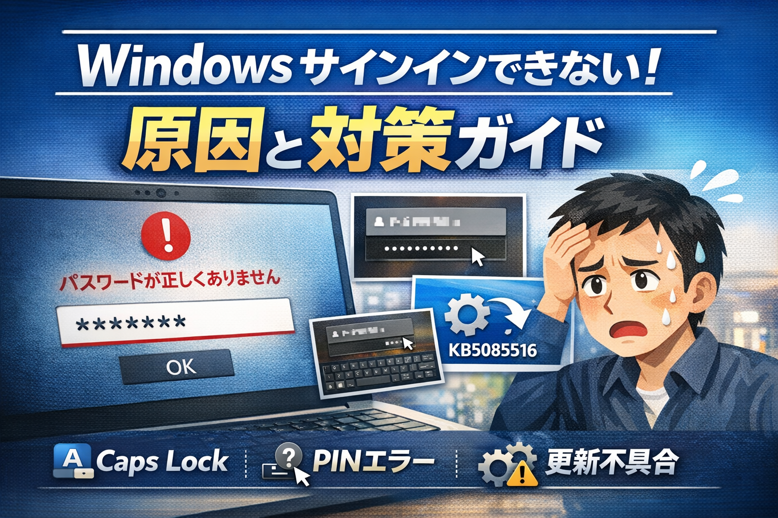 Windowsサインインできない原因と対策を解説するサムネイル。パスワードが正しくありませんと表示されたPC画面と、困っている男性、Caps Lock・PINエラー・更新不具合のアイコンが描かれている