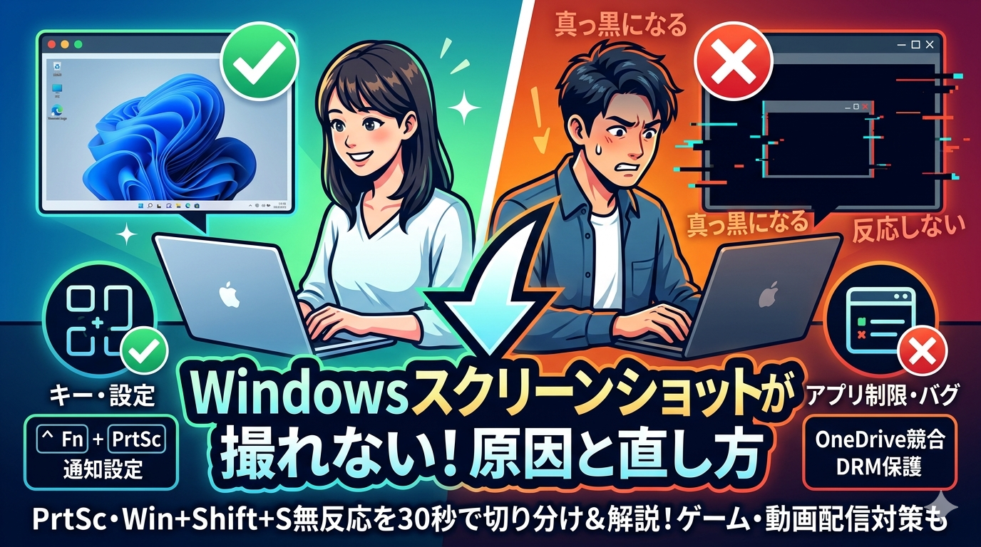 Windowsでスクリーンショットが撮れない時の原因と直し方の解説図。左側には正常に撮影できている女性、右側には画面が真っ黒になり困っている男性を配置。PrtScキーやWin+Shift+Sの無反応、DRM保護による黒画面などのトラブルと解決策を対比させたデザイン
