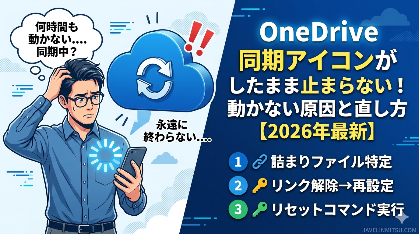 onedrive-sync-stuck-fix-thumbnail.png" alt="OneDrive 同期アイコンがグルグルしたまま止まらない！動かない原因と直し方【2026年最新】。アプリの再起動から、処理を止めている「詰まりファイル」の特定方法、容量不足の確認、最終手段のリセットコマンドまで解説。