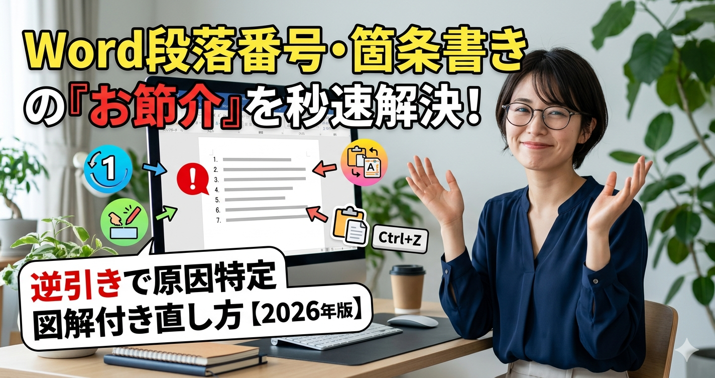 Wordの段落番号と箇条書きトラブルの直し方を解説するブログ記事のサムネイル画像。PC画面の横で解決策を提示する女性のイラスト。