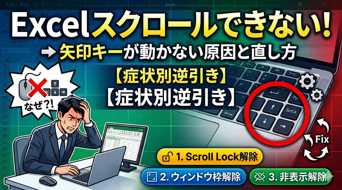 Excelでスクロールできない・矢印キーが動かないトラブル解決サムネイル。左側に frustrated するビジネスマンと、右側に赤枠で強調されたキーボードの矢印キーとScroll Lockキー。下部に『症状別逆引き』として1. Scroll Lock解除、2. ウィンドウ枠解除、3. 非表示解除の手順への案内アイコン