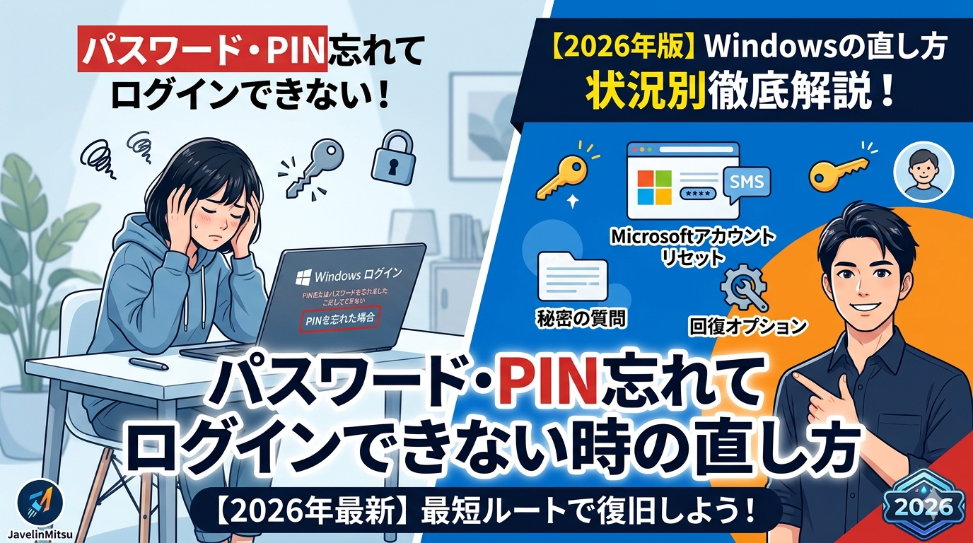 WindowsのパスワードやPINを忘れてログインできない時の直し方を解説した2026年最新版のブログ用サムネイル画像。左側に困っている女性、右側に解決策を提示する男性のイラストと、「Microsoftアカウントリセット」「秘密の質問」「回復オプション」などのキーワードが記載されている。