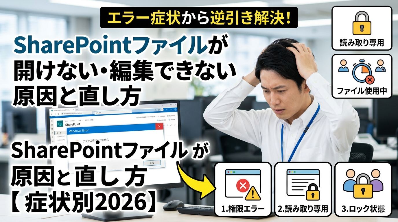 「SharePointファイルが開けない・編集できない原因と直し方【症状別2026】」という記事タイトルとともに、パソコンの前で頭を抱える男性社員と、原因の3つの症状（権限エラー・読み取り専用・ロック状態）を示すアイコンが表示されているサムネイル画像。