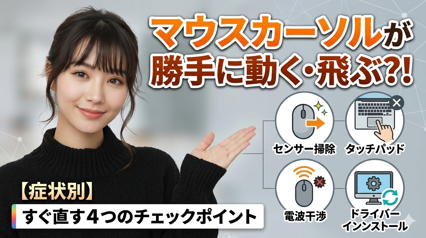 alt="マウスカーソルが勝手に動く・飛ぶトラブルの解決法を解説する女性のサムネイル。センサー掃除、タッチパッド、電波干渉、ドライバー更新の4つのチェックポイントをアイコンで表示。"