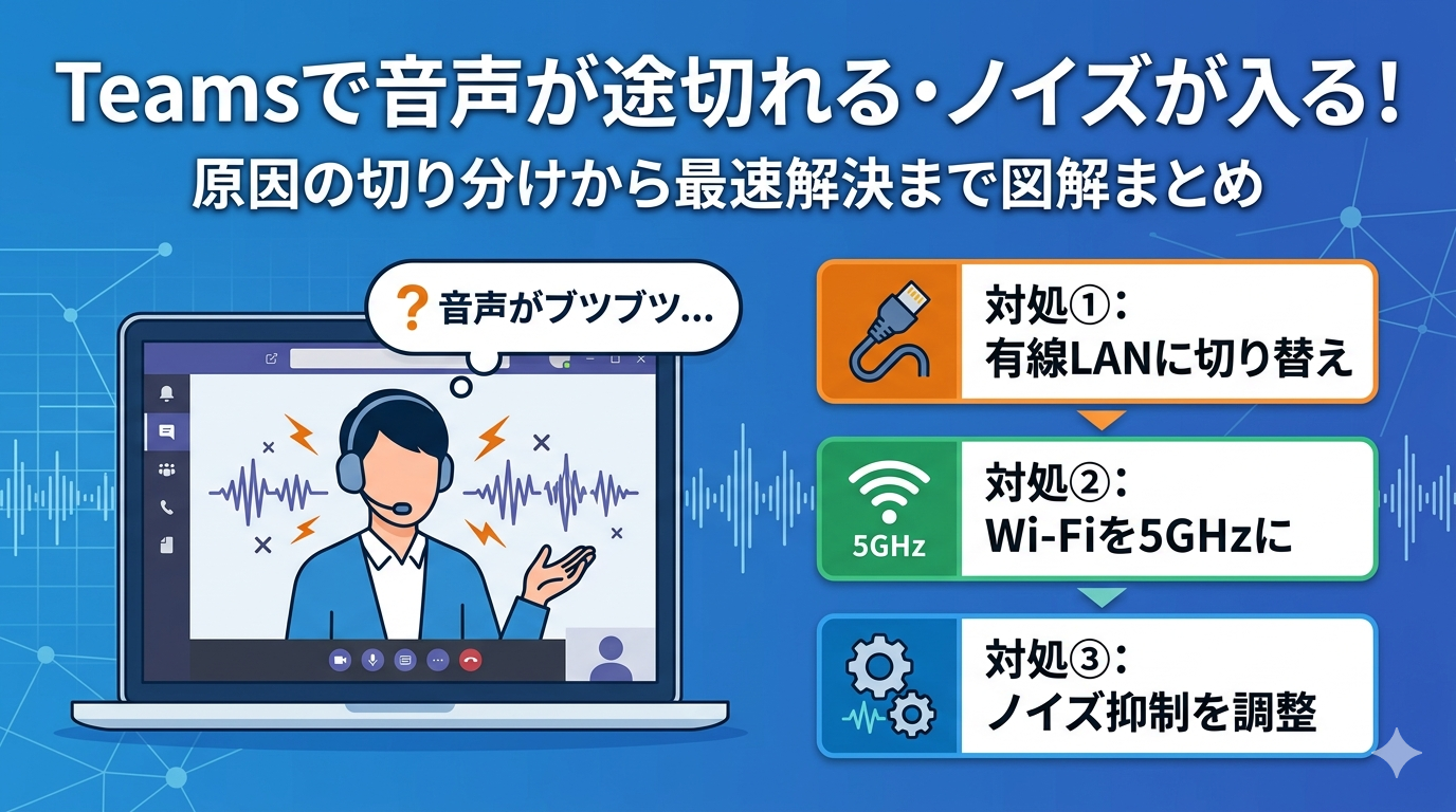 Teamsで音声が途切れる原因と直し方を解説するサムネイル。左に「音声がブツブツ…」と悩む会議画面、右に「有線LAN」「5GHz帯 Wi-Fi」「ノイズ抑制調整」の3つの対処法がアイコン付きで描かれている。青を基調としたブログ用図解。