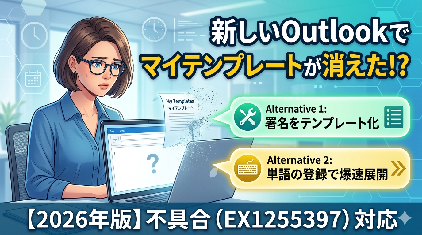 新しいOutlookでマイテンプレートが消えたトラブルの代替案を解説するアイキャッチ画像。困惑するビジネスウーマン、消えかけるテンプレートの横に『不具合（EX1255397）対応』の文字。代替案として『署名をテンプレート化』『単語の登録で爆速展開』のアイコン付きテキストが描かれています。