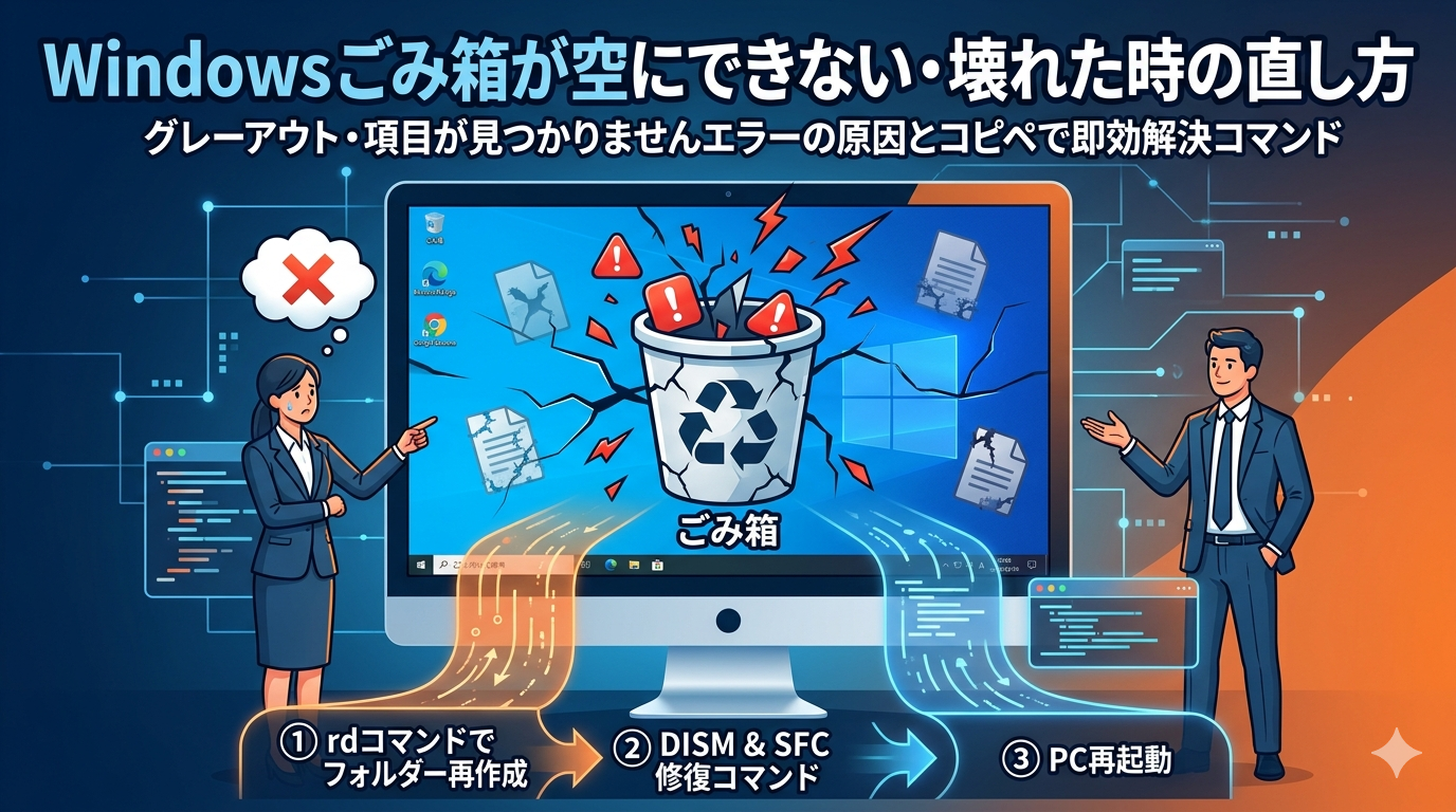「Windows ごみ箱が空にできない・壊れた時の直し方」というタイトルと、左側（焦るユーザー、吹き出し『ごみ箱が空にできない！』、壊れたごみ箱を象徴するクエスチョンマーク）と右側（自信を持つユーザー、3つの主要な解決手順：rdコマンドでフォルダー再作成、DISM & SFC修復コマンド、PC再起動）の比較、さらに3つの解決手順がアイコンで描かれたトラブル解決の記事用サムネイル画像