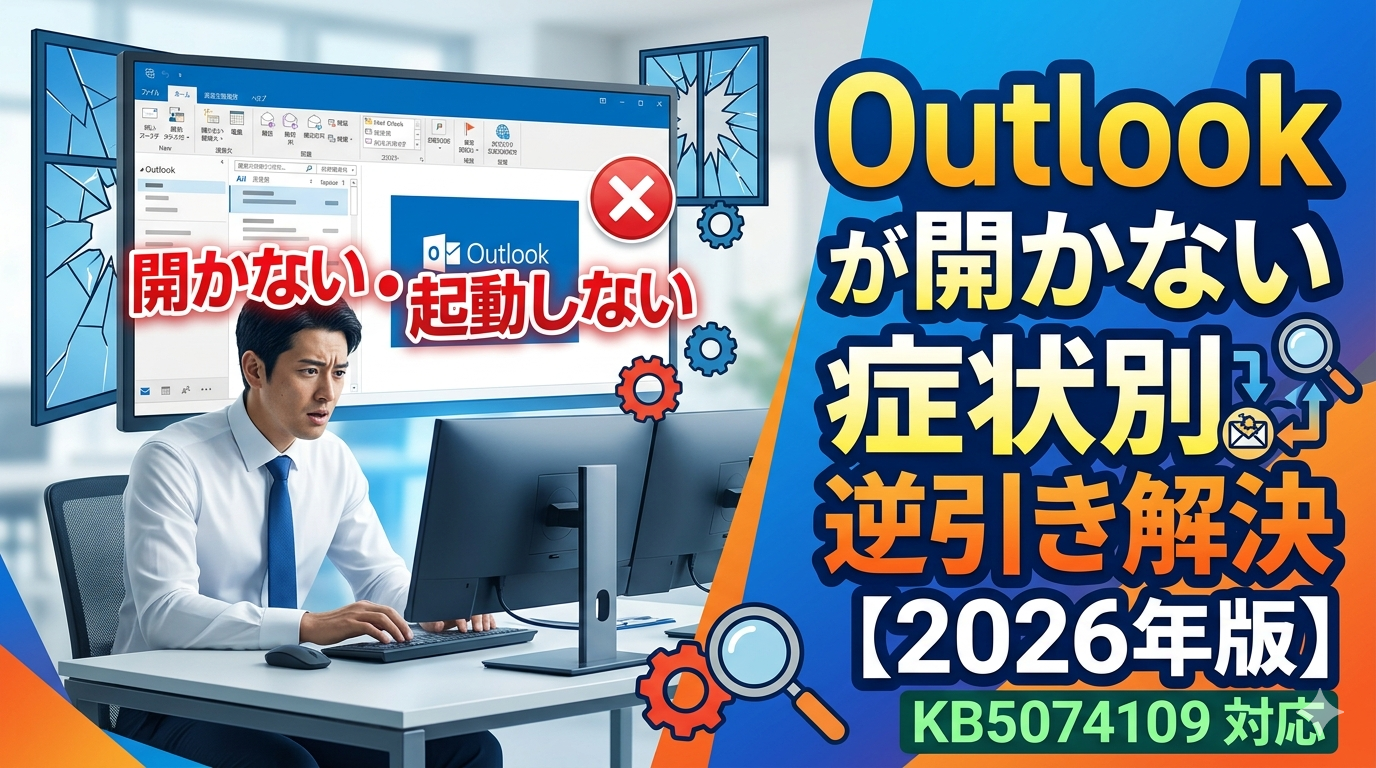 Outlookのロゴ画面でフリーズし、頭を抱えて悩むビジネスマンの姿と、解決策を提示するテキストを配したブログ記事用サムネイル画像。「Outlookが開かない・起動しない」「症状別 逆引き解決」「【2026年版】」「KB5074109 対応」の文字が並ぶ。