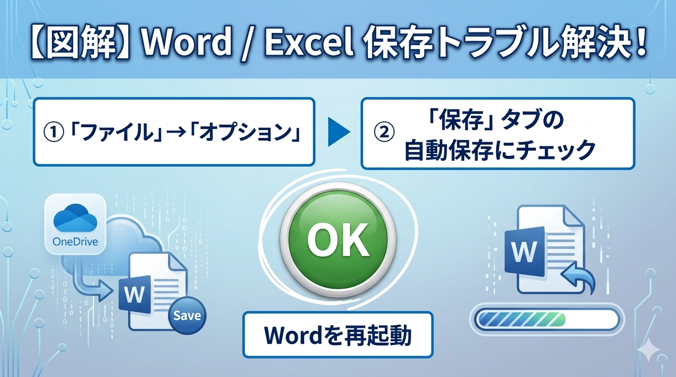 Word・Excelの自動保存トラブルを解決する設定手順の図解。ファイルからオプションを開き、保存タブの自動保存にチェックを入れてOKボタンで再起動する流れを説明。